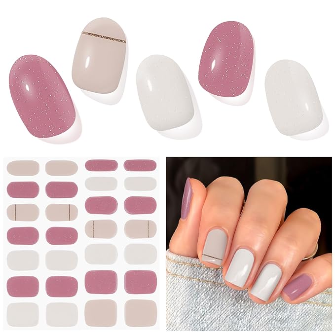 Semi Cured Gel Nail Strips, Peach Blossom Stuffed | 28 pcs Gel Nail Strips Work with Any UV Lamp, Salon Quality UV Nails Stickers, Easy to Apply for Home Nails DIY