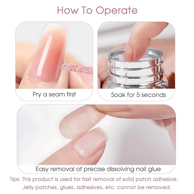 Nail Adhesive Debonder With Pink Heart-Shaped Sponges, Stick Press-on Nail Remover Kit, 100ml Gel Glue Remover False Nail Tips Soaking Solution Nails Reusable