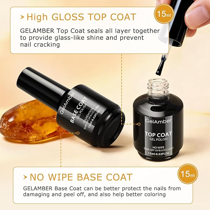 2Pcs 15ml No Wipe Gel Top Coat and Base Coat, Base and Top Coat Gel Nail Polish Set, Essentials for Super Shiny and Long-Lasting Foundation Finish Nail Art Design Gift