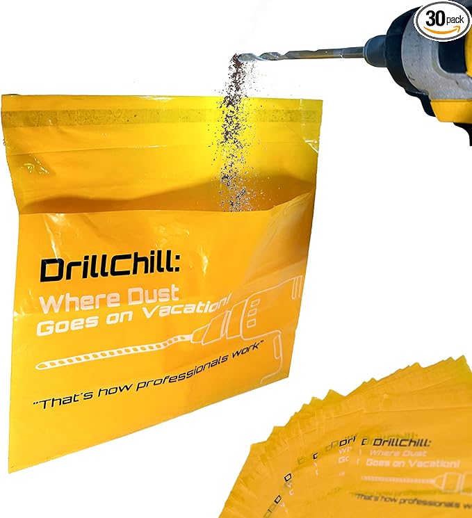 Drilling Dust Catcher Bags - 30PCS Disposable Yellow Dust Collector Bags for Drywall, Brick, Concrete Wall Drilling, Self-Adhesive, PRO and DIY Use, Trash Bags, Keeps Floors Clean