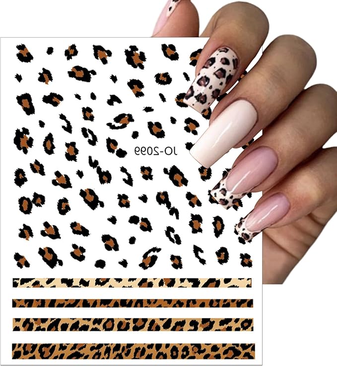 6 Sheets French Leopard Nail Stickers 3D Self-Adhesive Pink Brown Leopard Nail Designs Colorful Animals Suitable for Women Girls DIY