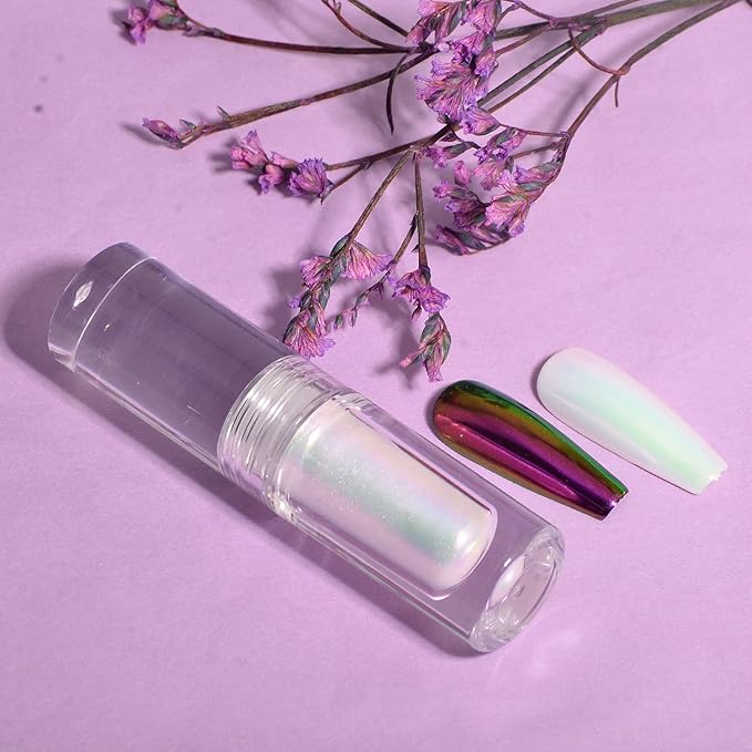 Chrome Nail Powder Aurora Mirror Effect Mermaid Pearl Glitter Iridescent Chrome Nail Polish Gel Nail Polish for Nail Art Manicure DIY Decoration(Purple Iridescent)