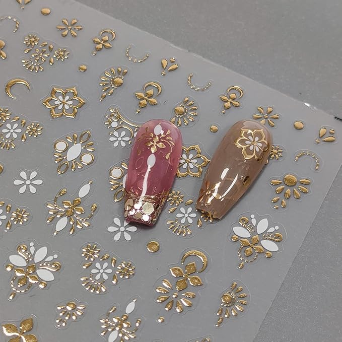 5D Embossed Nail Sticker Retro Gold Flower Nail Art Sticker Self Adhesive Nail Decals Luxury Floral Nail Art Decals for Nails Decoration Supplies for Women Girls DIY Manicure