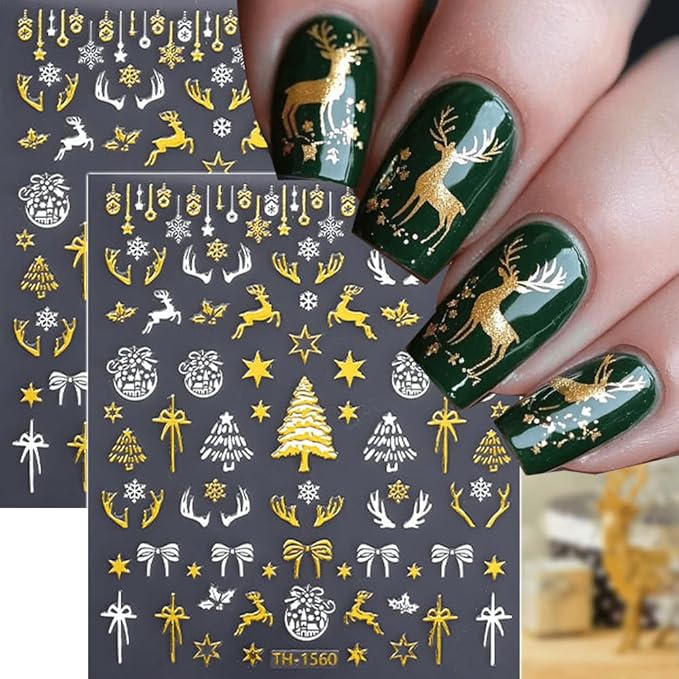 6Pcs Christmas Nail Stickers 3D Golden Christmas Tree Deer Nail Stickers for Nail Art DIY Self Adhesive Nail Decals Gold Bow Snowflake Nail Decoration Supplies Holiday Manicure Accessories for Women