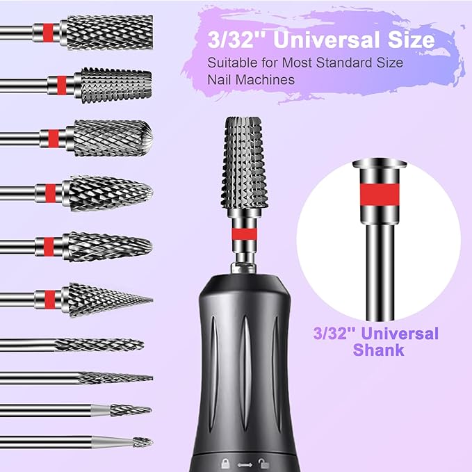 Diesisa 10PCS Nail Drill Bits Set - Tungsten Carbide Nail Bits for Acrylic Nails - 3/32" Shank Drill Bits Professional Electric Nail Bits For Nail Drill - Removal Bit Nail Drill for Home Salon-Red