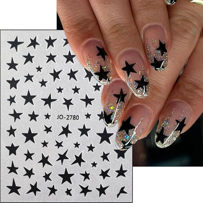 6Pcs Star Nail Stickers 3D Self Adhesive Glitter Stars Nail Decals Shiny Gold Silver Black White Pink Blue Stars Nail Design Sticker Holographic Cute Nail Art Stickers for Women DIY Manicure Supplies