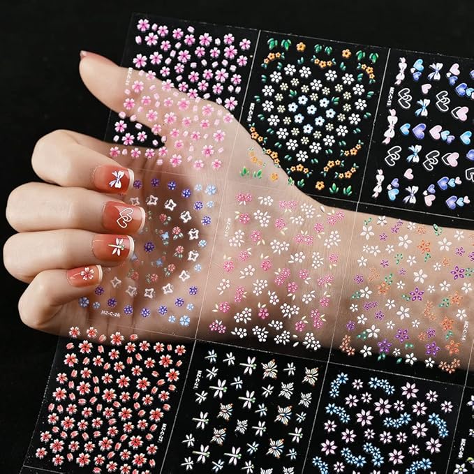 30 Sheets Flower Nail Art Stickers Decals Colorful Flower Nail Stickers 3D Self Adhesive Cute Daisy Floral Nail Decals Heart Nail Supplies Nail Art Design Decoration Accessories for Women and Girls