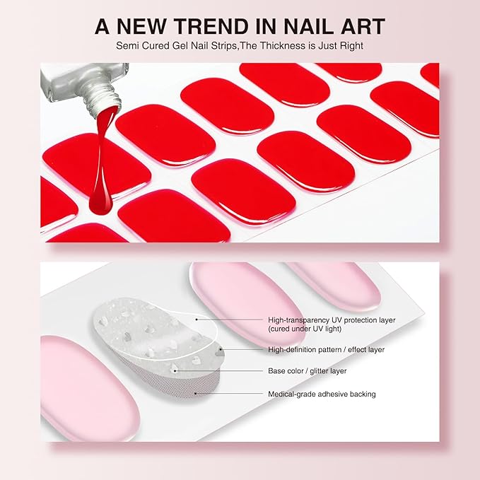 Semi Cured Gel Nail Strips, 20 PCS Gel Nail Stickers Work with UV Light, Salon Quality & Easy to Use - Classic Red