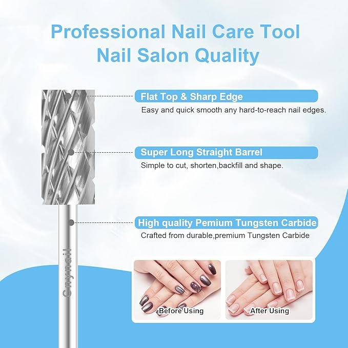 3/32" Large Barrel Bit Tungsten Carbide Nail Drill Bit Safety Bit for Gel & Acrylic Removal, Right Way Rotating Efile Tip, Salon Electric File Accessory (5XC Girt, Silver)