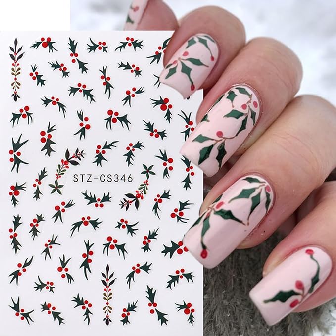 Christmas Nail Art Stickers Green Nail Decals with Green Leaves Red Beans Design 3D Self-Adhesive Nail Stickers Acrylic Accessories Nail Supplies for Women DIY Christmas Decorations 4 Sheets