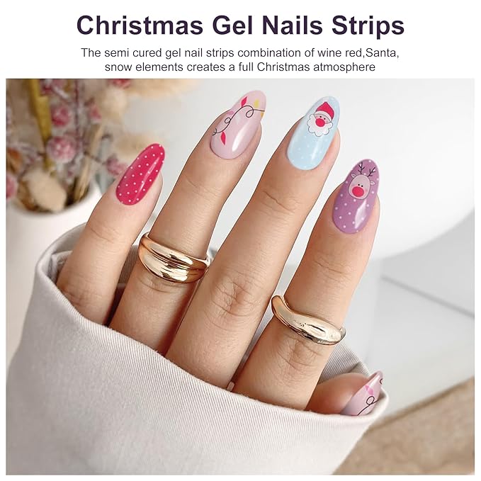Semi Cured Gel Nail Strips,28 pcs Christmas Nail Stickers for Women,Long Lasting Gel Strips with Any UV Light,Santa Sticker for Nails Easy to Apply