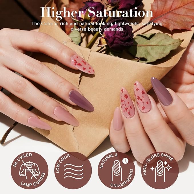 AZUREBEAUTY Dip Powder Nail Kit, 4 Colors Nude Dark Brown with Dried Flower Set, Fall Winter Natural Dipping Powder Starter Liquid Set Recycling Tray with Base & Top Coat Activator ﻿