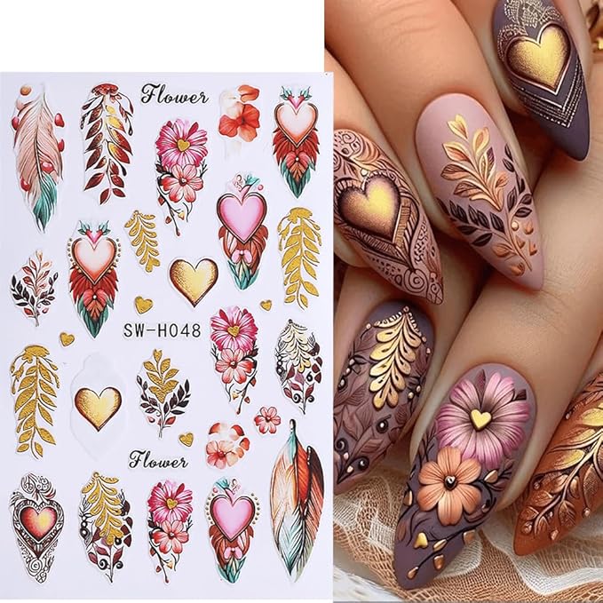 4Pcs Thanksgiving Nail Stickers Gold Leaf Exquisite Totem Nail Decals DIY Self Adhesive Grateful Heart Feather Design Nail Decoration Supplies Holiday Manicure Accessories for Women Girls