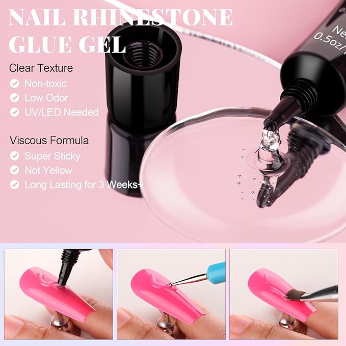 3D Flowers for Nails, Cute Flower Nail Charms, Manicure Kit with Nail Rhinestone Glue Gel, Colorful Acrylic Petal with Caviar Beads, Rhinestones for Nails & Gem Gluewith Dotting & Pickup Tools