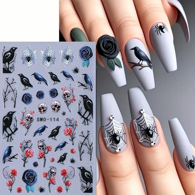 Halloween Nail Art Stickers 5D Embossed Halloween Nail Decals 3PCS Skulls Birds Roses Spider Self-Adhesive Nail Design Nail Art Supplies Holiday Nail Stickers for Women Girls DIY Manicure Decorations