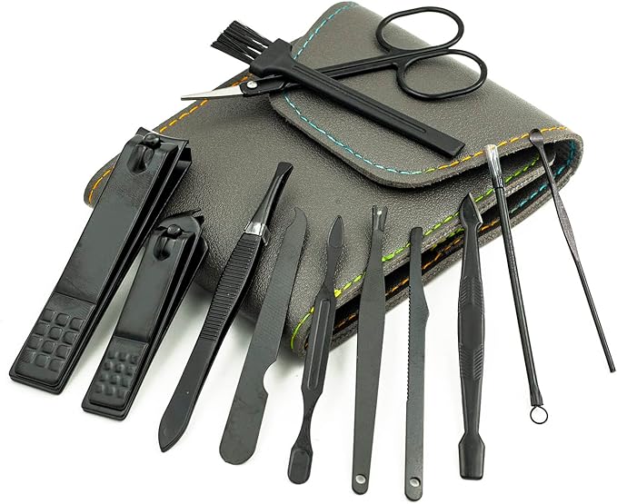 Nail Clipper Set, 12PCS Manicure Set Fingernail Clippers Kit Black Stainless Steel Pedicure and Manicure Kit with Grey PU Leather Case
