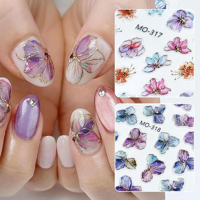 4 Sheets Shiny Flower Nail Stickers for Nail Art 3D Glitter Purple Golden Flower Nail Design Stickers Purple Golden Glossy Nail Decals Holographic Nail Supplies for Women DIY Nails Art Decoration