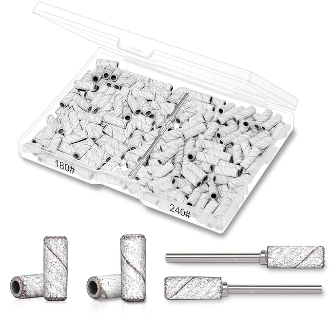 BLESWIN 200pcs #180#240 Grit Small Sanding Bands for Nail Drill with 2pcs 3/32’’ Upgrade Mandrels Bits, Mini Sanding Bands for Nail Drill for Manicure Nail Salon and Nail Enthusiasts Use – White
