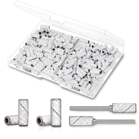 BLESWIN 200pcs #180#240 Grit Small Sanding Bands for Nail Drill with 2pcs 3/32’’ Upgrade Mandrels Bits, Mini Sanding Bands for Nail Drill for Manicure Nail Salon and Nail Enthusiasts Use – White