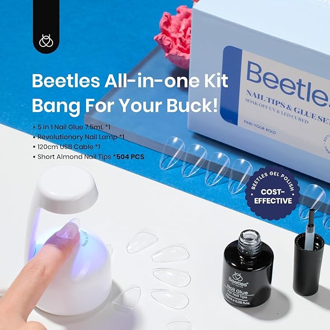 Beetles Gel Nail Kit Almond-500Pcs Gel Nails Tip Easy Extension Set Short Almond Shape 9 In 1 Nail Glue Extension Set Uv Led Lamp Acrylic False Tips Kit DIY Nails Art Gifts for Women