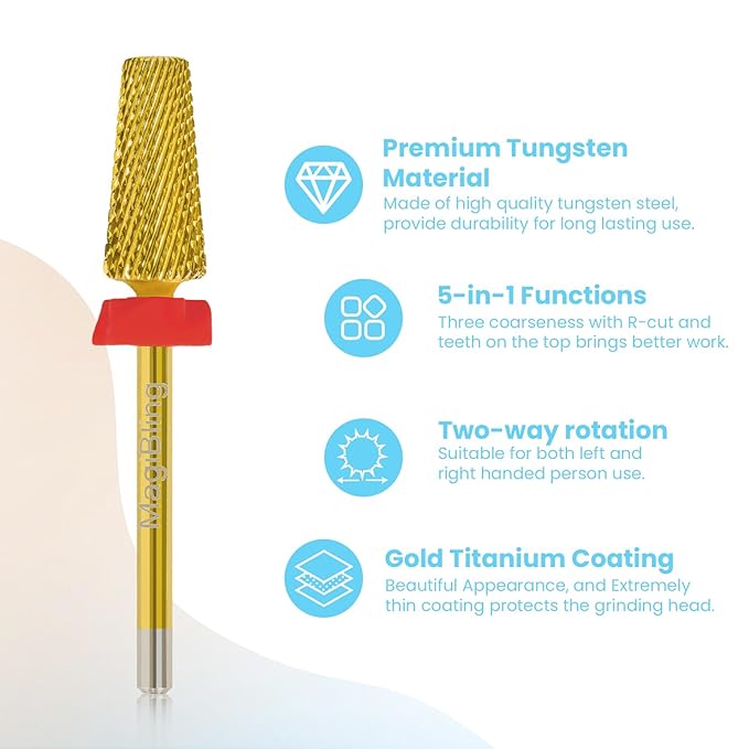 Professional 5 in 1 Tapered Nail Drill Bits, 3/32'' Safety Tungsten Carbide Bits, Remove Gel Fast Left & Right Hand Use, Easy for Beginner, Technicians Bits, Gold, Fine.