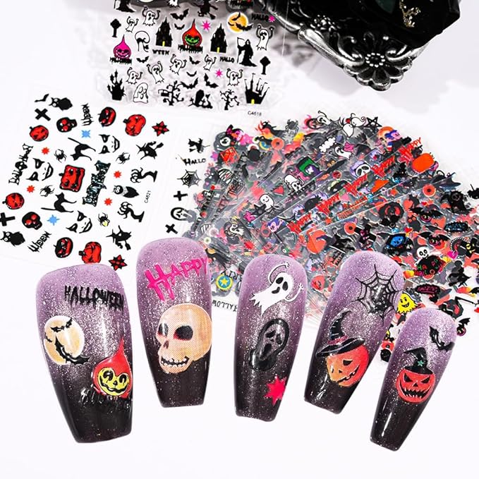24 Sheets Halloween Nail Stickers Pumpkin Ghost Face Nail Decals 3D Self-Adhesive Nail Supplies Spider Web Cat Bat Nail Art Stickers for Acrylic Nails for Women Kids DIY Manicure Decorations
