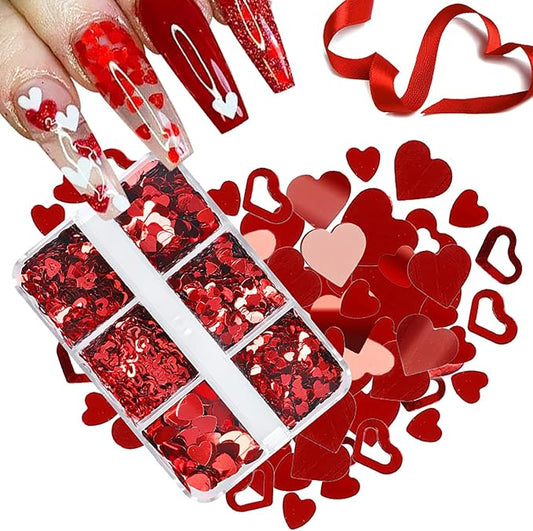 6 Grids Red Heart Nail Glitter Sequins Holographic Mixed Heart and Hollow Heart Nail Art Sequins Valentine's Day Laser Design Nail Charms Glitter Love Nail Flakes for Acrylic Nail Face Decor Supplies