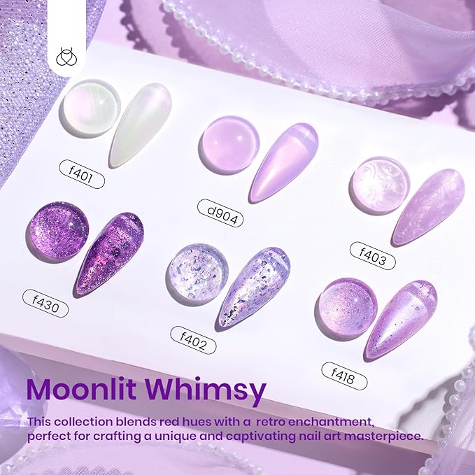 Beetles Purple Gel Nail Polish Set, 6 Color Spring Purple Shimmer Pearl Jelly Gel Polish with Nail Brush Soak Off LED Lamp Swirl Shell Thread Effect DIY Manicure Gifts for Mom
