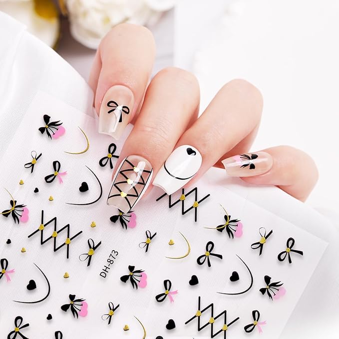 Bow Heart Nail Stickers Christmas Nail Art Stickers Holiday Pink Hearts Curve Line Nail Decals Valentines DIY Nails Design Sticker Xmas French Nail Decoration for Women Manicure Accessories 5Pcs