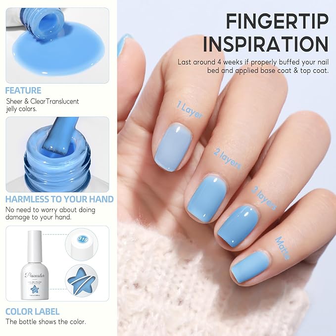 PEACECOLOR Blue Jelly Gel Polish Set, 10ML Transparent Clear Light Blue Collection 6 Colors Jelly Gel Nail Polish Kit for Beginners All Season Home Salon DIY Nail Art Design Gifts for Women