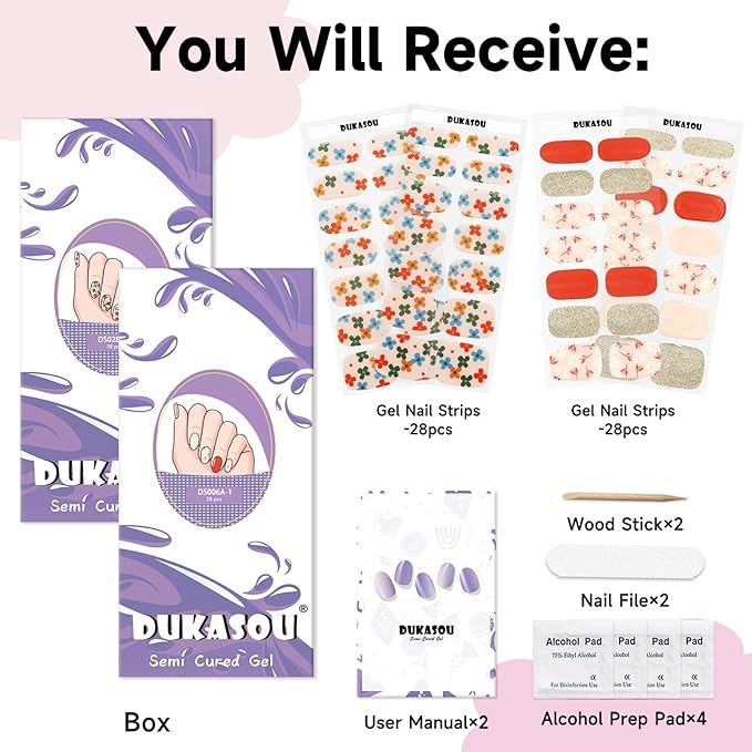Semi Cured Gel Nail Strips 2 Set, (Glitter,Five Flower) 56 Pcs Gel Nail Wraps,Stickers Works with Any UV/LED Lamps,Long Lasting,Salon-Quality, Easy to Apply