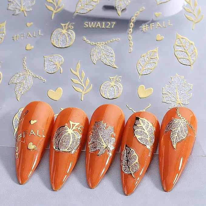 Fall Nail Art Stickers, Gold Maple Leaves Nail Decals 3D Self-Adhesive with Pumpkin Maple Leavers Design Gold Fall Nails Stickers 6Pcs Glitter Nail Art Supplies for Women Nail Decoration