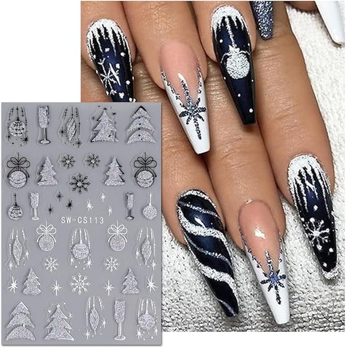 8 Christmas Nail Art Stickers Green French Snowflake Christmas Tree Elk Decal Stickers Silver Glitter Bell Bowknot Winter Design Suitable for Ladies Girls DIY Nail Art Decoration
