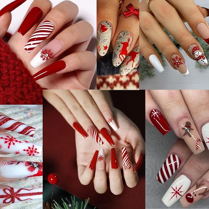 8 Sheets Christmas Nail Stickers 3D Self-Adhesive Winter Santa Claus Decals Glossy Black Red Reindeer Snowflake Bell Elk Xmas Trees Art Supplies for DIY Nails
