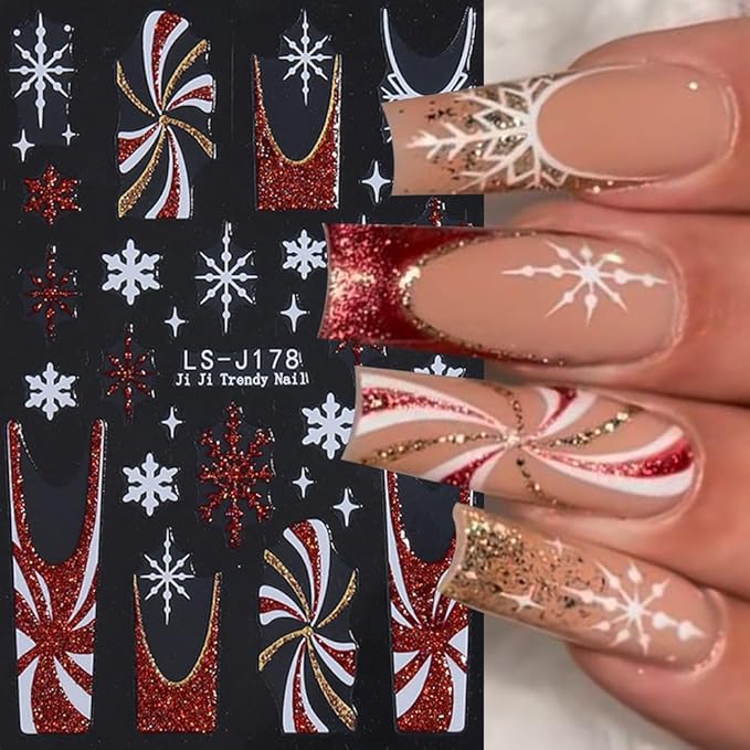Christmas Nail Art Stickers Glitter Snowflake Candy Self-Adhesive Xmas Nail Decals Nail Art Supplies 6PCS Red Gold Glitter Xmas Tree Bow French Tip HOHO Design Christmas Stickers for Nails Decoration