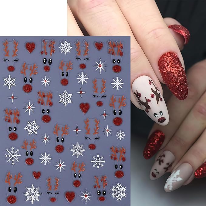 6 Sheets Christmas Glitter Elk Nail Art Stickers 3D Self-Adhesive White Snowflake Cute Reindeer Nail Design Red Pink Glitter Heart Nail Decor for Women Winter Xmas Holiday Manicure DIY Nail Supplies