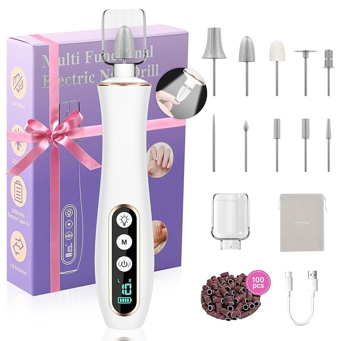 2 Pack Rechargeable Nail File Machine – 10-in-1 Design with 100PCS Sanding Belts for Smooth Finish, White