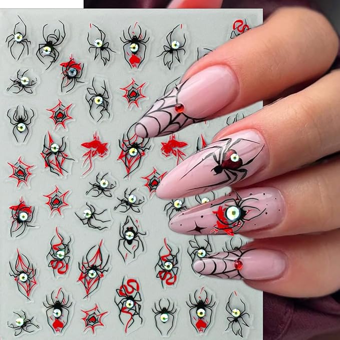 2 Sheets Halloween 5D Embossed Nail Stickers for Nail Art Red Black Spider Web Nail Decals Self-Adhesive Spider with Glitter Rhinestones Nail Design Decals Goth Halloween Nails Supply for Women DIY