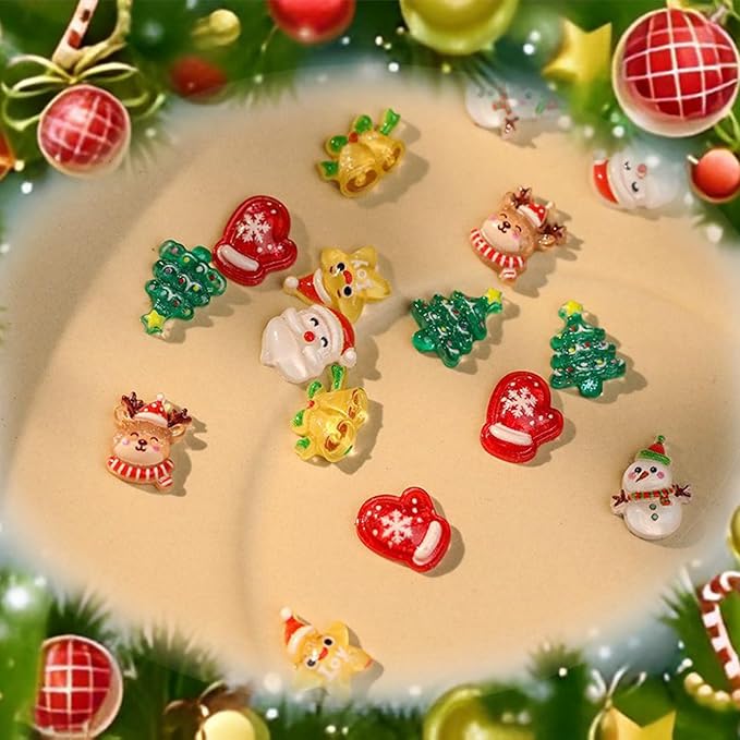 100Pcs Christmas Nail Charms 3D Muti Shape Flat Craft Resin Nail Art Charms Xmas Tree Reindeer Santa Claus Nail Art Rhinestones Snowman Bell Cute Winter Nail Supplies for Craft Making Ornament DIY