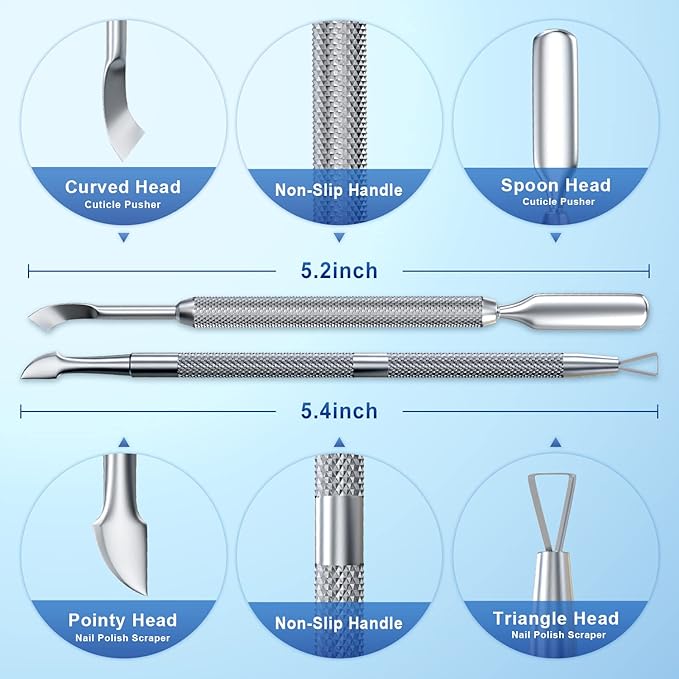 2PCS Metal Silver Cuticle Pusher and Scraper, Nail Trimmer Cutter Stainless Steel Gel Scraper Tool, Nail Polish Remover Peeler Durable Salon Manicure Pedicure Cleaner for Fingernail and Toenail