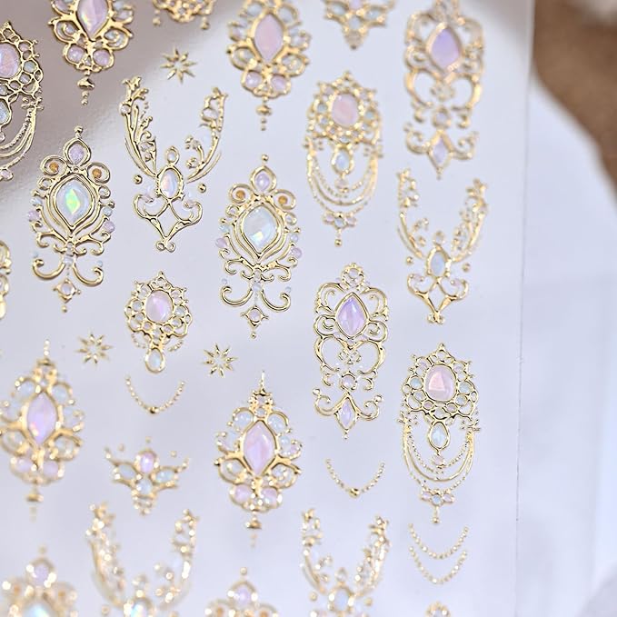 5D Embossed Gold Nail Stickers for Nail Art Gemstone Nail Art Stickers Vintage Gold Nail Decals Self Adhesive Nail Design Manicure Supplies Charm for Women Girls Nails Decorations