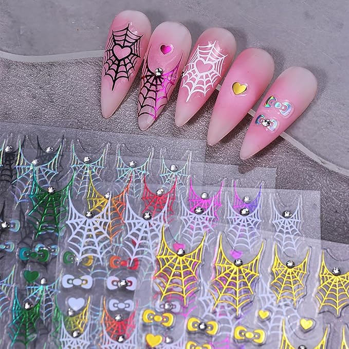 4 Sheets Spider Web Nail Stickers 3D Self-Adhesive Halloween Nail Art Stickers Laser White Silver Gold Spider Web with Rhinestones Horror Design Goth Nail Decals Nail Supplies for Women Acrylic Nail