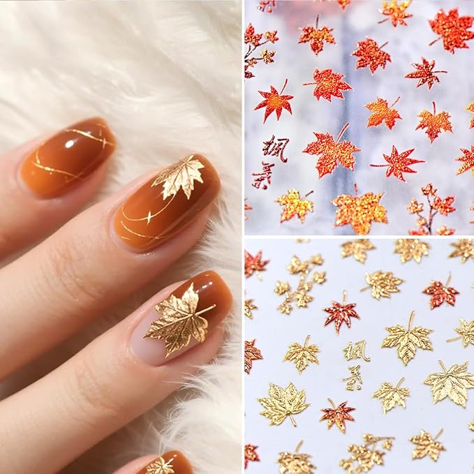 5D Embossed Gold Maple Leaves Nail Stickers for Nail Art Thanksgiving Nail Art Stickers with Glitter Autumn Leaf Design Fall Nail Decals for Women DIY Acrylic Manicure Decoration Accessories 1 Sheets