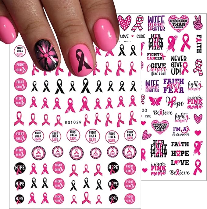 Breast Cancer Nail Art Stickers 3D Self-Adhesive Pink Ribbon Nail Stickers Heart Breast Cancer Awareness Design Nail Decals Stickers for Women Girls DIY Manicure Decoration 8Sheets