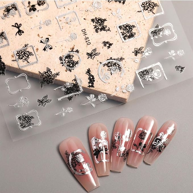 4 Sheets Vintage Nail Stickers for Women, 5D Embossed Frame Nail Decals for Designe Nail Art Supplies Manicure Decoration Accessories