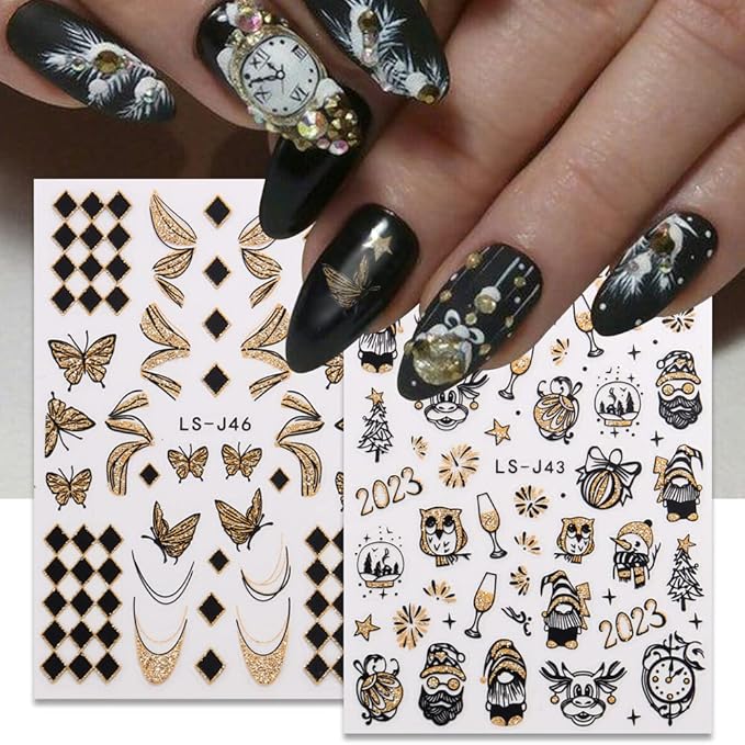 Christmas Nail Art Stickers Gold Glitter Clock Butterfly Xmas Nail Decals 6PCS Shiny Clock Crystal Ball Deer Penguins Design Self-Adhesive Christmas Nail Stickers for Women Holiday Nail Art Decoration