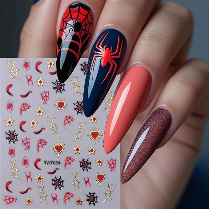 8 Sheets Halloween Nail Art Stickers 3D Self-Adhesive Halloween Nail Decals Golden Silver Black Red Horror Web Face Nail Art Supplies Glitter Spider Web Nail for Women Girls DIY Manicure Decoration
