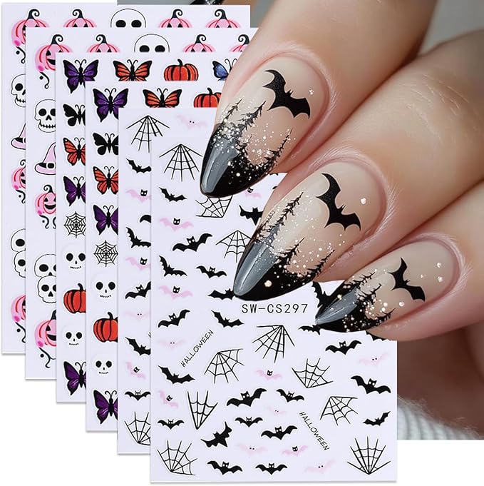 Halloween Nail Art Stickers Decals Skull Bat 3D Self-Adhesive Nail Decals Nail Art Supplies 6PCS Spider Web Butterfly Pumpkin Halloween Nails Design Manicure Sliders for Women DIY Nail Decorations