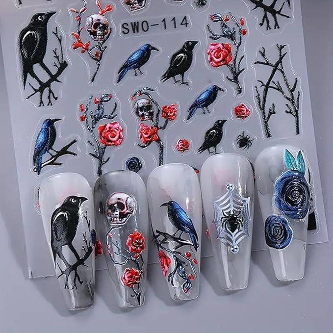 Halloween Nail Art Stickers 5D Embossed Halloween Nail Decals 3PCS Skulls Birds Roses Spider Self-Adhesive Nail Design Nail Art Supplies Holiday Nail Stickers for Women Girls DIY Manicure Decorations