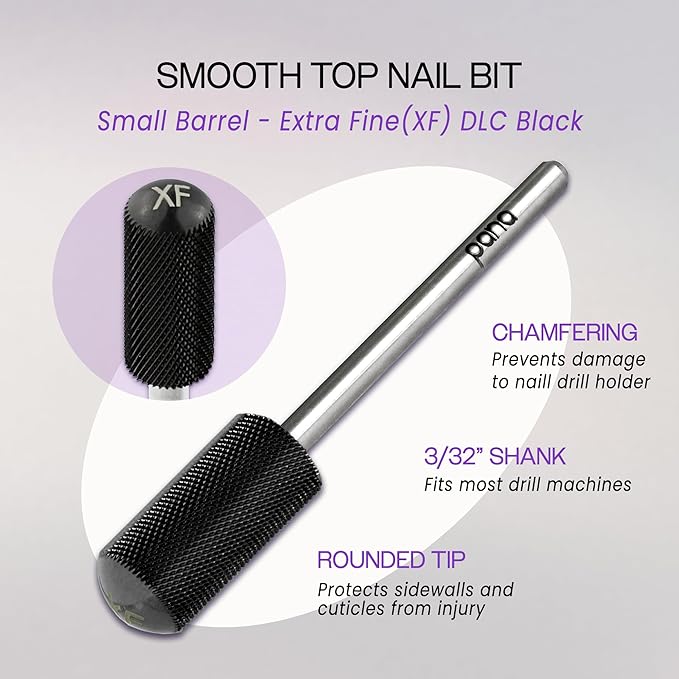 PANA 3/32" Small Smooth Round Top Safety Carbide Nail Drill Bit for Gel Polish & Acrylic Removal Nail Salon Manicure Pedicure Electric File Tools (Small Barrel - DLC Black, Extra Fine)